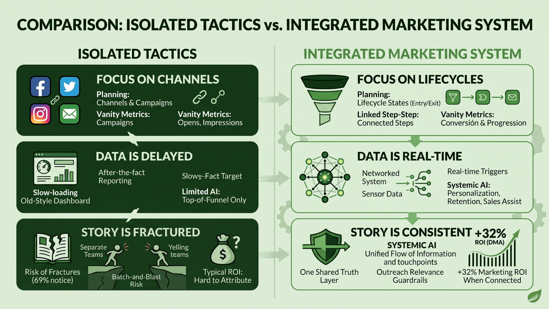 Side-by-side comparison infographic. Isolated tactics: focus on channels, delayed after-the-fact data, and a fractured story across separate teams with hard-to-attribute ROI. Integrated marketing system: focus on lifecycle states, real-time triggers and systemic AI, and a consistent story from one shared truth layer, delivering a 32 percent increase in marketing ROI.